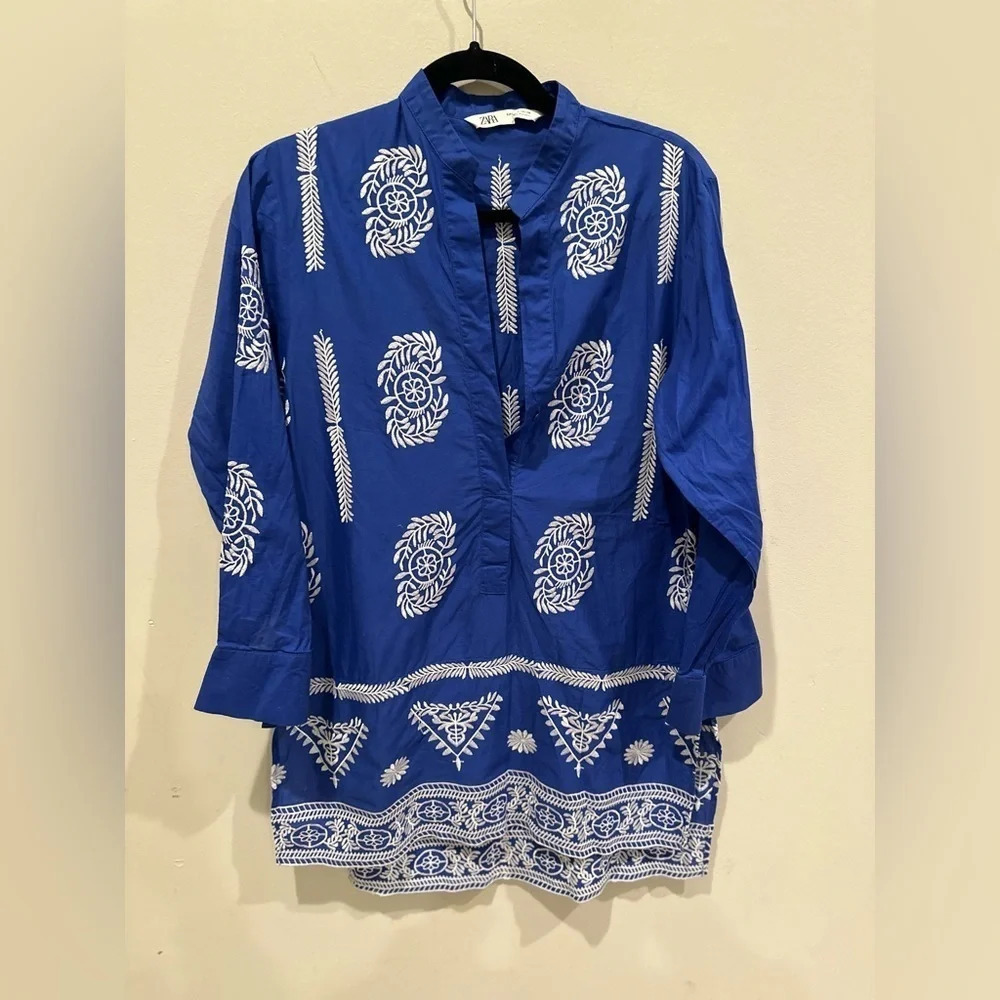 Zara blue cotton tunic top contrasting embroidery Size Small 2800 - Picture 4 of 12